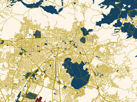 Minimalist map of Pachuca de Soto, Mexico, dark red water and warm gold roads