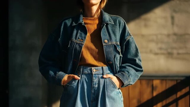 a person with their hands in their high-waisted pants pockets and dressed in double denim. stylish casual look.