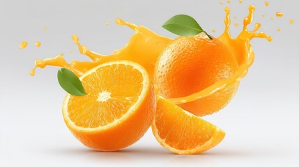 fresh tangerine juice splash explosion, dynamic liquid burst with floating tangerine segments and tiny seeds in midair, isolated on clean white gradient background, cinematic high-speed photography
