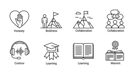 Set of black and white line icons representing honesty, boldness, collaboration, culture, learning, and moment concepts.