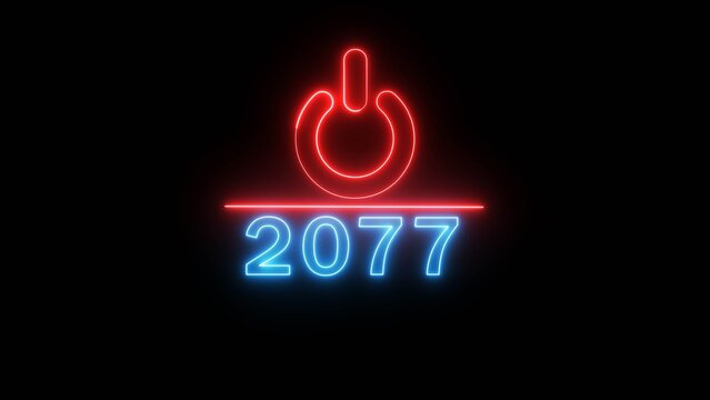 Neon power button icon illustration.  Switch power button icon on black background. 2077 Start power button concept.