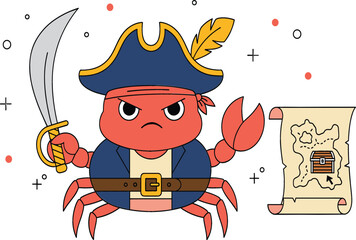 Cute red crab pirate character wearing a captain hat and holding a sword next to a treasure map with a chest.
