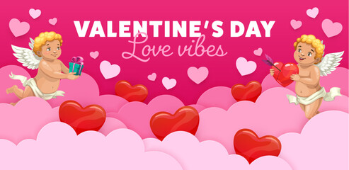 Naklejka premium Paper cut pink sky clouds with Valentine day cupids and love hearts, cartoon vector. Valentine day holiday quote love vibes with cheerful cherubs or cupid angels with heart and arrow in sky clouds