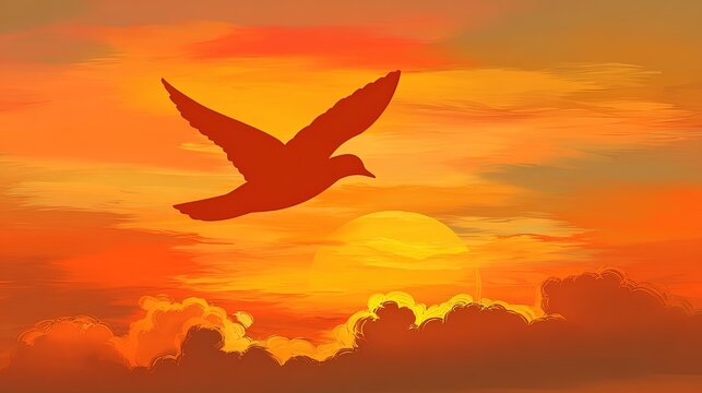 A stylized bird silhouette soars gracefully across a vibrant warm orange and yellow sunset sky with soft clouds and a visible sun - Powered by Adobe