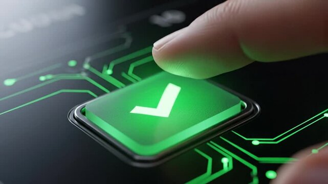 Finger pressing green illuminated checkmark button on futuristic circuit board