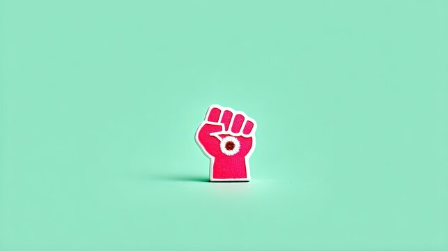 A pink clenched fist symbol with a delicate white daisy flower in its center is positioned on a light mint green surface