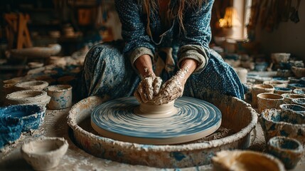 Artistic Woman Shaping Clay on Pottery Wheel in Studio