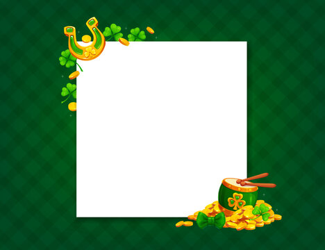 St Patrick s day banner with green shamrock clovers, golden lucky horseshoe and pile of shiny gold coins. Cartoon bow tie, drum with sticks and white square card on dark green checkered background