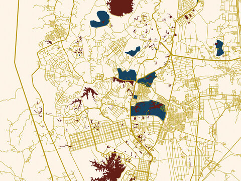 Decorative abstract map of Nay Pyi Taw, Myanmar, featuring rich red water shapes with ivory land and golden street network accents