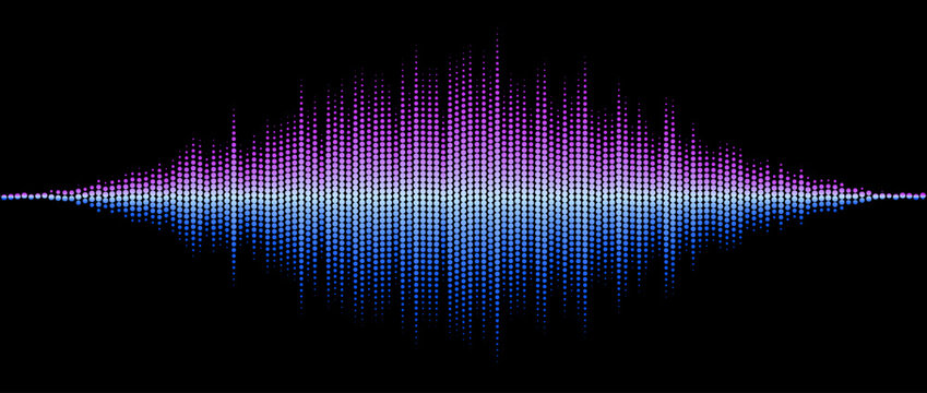 Neon blue purple abstract sound wave element. Dotted music equalizer shape design. Audio radio signal visualization concept. Shining digital voice assistant pattern. Song track sample player. Vector