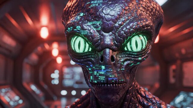 A detailed close-up of an alien with glowing eyes, digital design on the face, and a blurred futuristic background