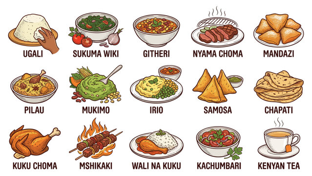 Assorted Kenyan dishes including Ugali, Sukuma Wiki, and Nyama Choma, served with Chapati and Kenyan Tea in traditional settings
