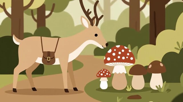 Adventurous Deer Explores Forest Path With Mushrooms And Greenery Background Vector Illustration