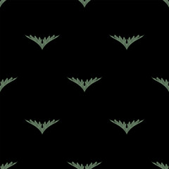 Seamless repeating pattern with vintage floral motifs. Stylized green leaves on black background.