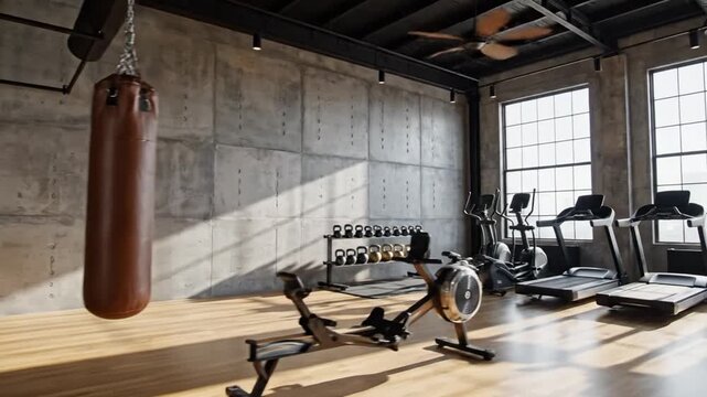 Gym Interior with Boxing Bag and Equipment.