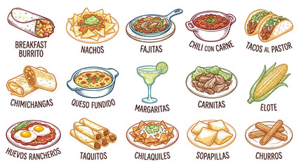 Assorted Mexican cuisine illustrations featuring various dishes and drinks on a clean background