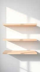 empty wooden floating shelves on white wall, interior mockup space.