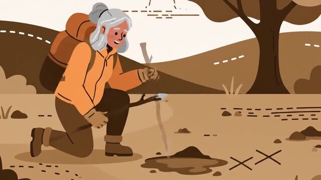 Adventurous Granny Discovering Hidden Treasure With Rustic Shovel In A Sepia Landscape Illustration