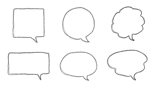 様々な種類の吹き出しの落書き線画イラスト。線が動く手描きのアイコン動画。ループする4Kアニメーション。コメントや会話を表すフレーム素材