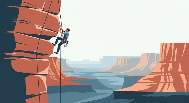 A person rappelling down a rugged rock face in a vast desert canyon, depicted in a flat vector illustration style, emphasizing adventure and extreme sports.