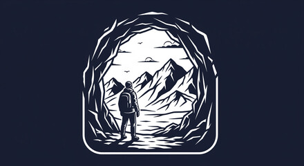 Hiker stands at a cave entrance, gazing upon a majestic mountain landscape with clouds and birds, illustrating the spirit of adventure and outdoor exploration.