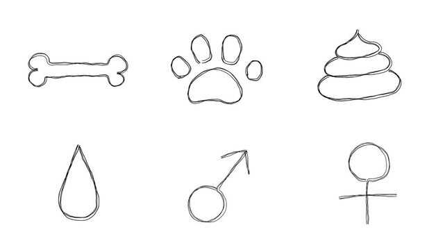 ペットがモチーフの落書き線画イラスト。線が動く手描きのアイコン動画。ループする4Kアニメーション。飼い犬や飼い猫のお世話に関するマークの詰め合わせ