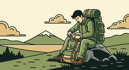 Hiker sitting on a rock, tending to his gear amidst a serene mountainous landscape with a lake, depicted in a flat design illustration.