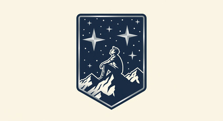 An adventurer, a man sitting contemplatively on a mountain peak, gazing up at a dazzling, star-filled night sky within a classic badge design.