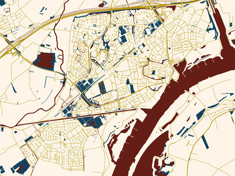 Urban map of Tiel, Netherlands in a flat palette: minimal ivory map base with golden roads and dark red water bodies in a modern flat style