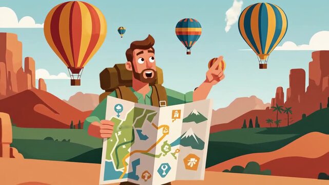 Adventurous Hiker Navigating Scenic Desert Landscape With Hot Air Balloons Illustration
