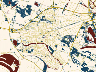 Obraz premium Urban map of Wijchen, Netherlands in a flat palette: minimal ivory map base with golden roads and dark red water bodies in a modern flat style