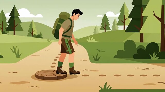 Adventurous Hiker Stepping on Trail Marker Stone During Hillside Trekking Journey Animation
