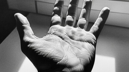 Close-up Black and White Image of an Open Hand with Strong Shadows and Light
