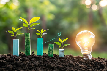 A glowing incandescent light bulb is planted in rich soil with growing plants and bar charts