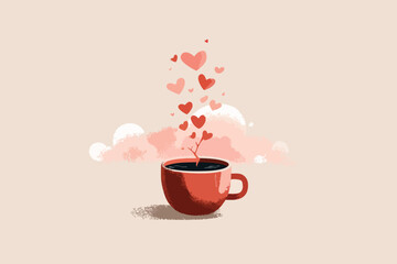 cup of coffee with heart, Valentines Day Coffee Love Icon Illustration with Heart Symbol Representing Romance Warmth Affection and Relationship Concept in Clean Vector Style