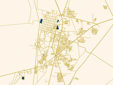 Minimalist map of Dera Ghazi Khan, Pakistan, midnight red and gold palette