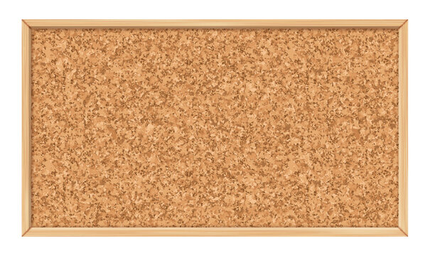 Realistic cork bulletin vector board with a wooden rectangular frame and speckled texture that mimics real cork pinboards. Office, classroom information announcement board, school noticeboard template