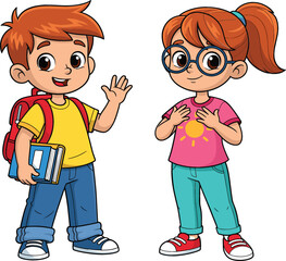 Two cute school children characters with backpack and books waving hello and smiling for education designs and student life themed illustrations © MstRozinaAkter
