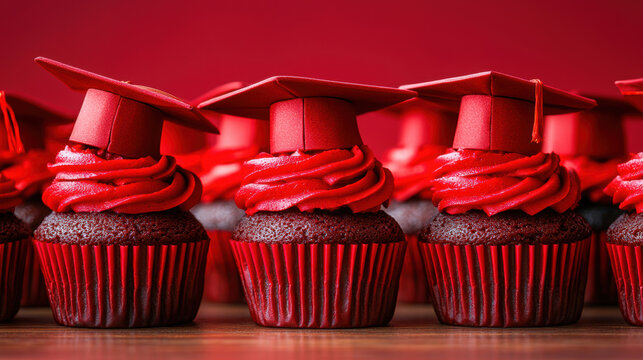 Cupcakes with red velvet texture topped with red graduation caps and swirled frosting, celebrating academic achievement with vibrant color