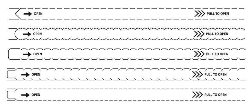 Perforated vector tear strip borders with dashed, dotted and perforated line patterns in black. Strip includes arrows and text like open or pull to open. Packaging mockup, instruction manual usage