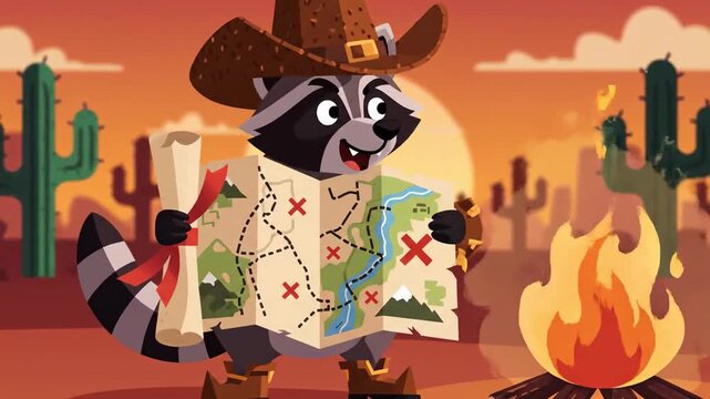 Adventurous Raccoon Cowboy Discovers Hidden Treasure in Desert Animated Cartoon Style Footage