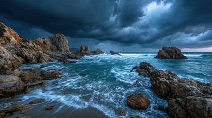 Obraz premium Dramatic Coastal Seascape With Rocky Outcrops And Moody Storm Cloudscape