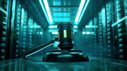 Legal justice symbol with gavel on reflective surface in futuristic data center with blue lighting creating serious atmosphere