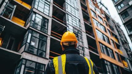 Low angle shot of engineer with yellow helmet and reflective vest facing modern building under construction, showing determination and focus