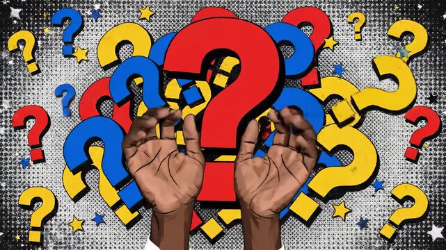 Clenched Fists Raised Against a Backdrop of Question Marks
