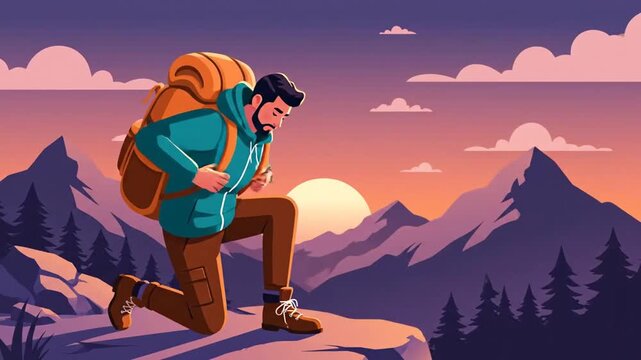 Adventurous Trekking: Man Ties His Hiking Boots in a Picturesque Mountain Setting at Sunset