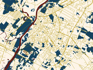 Flat city map of Ostroleka, Poland in gold street network with navy water