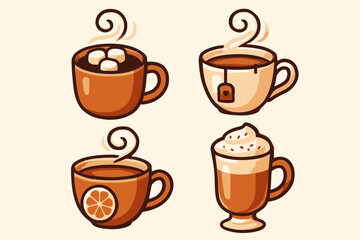 Obraz premium Four Cartoon Cups of Hot Drinks with Steam.