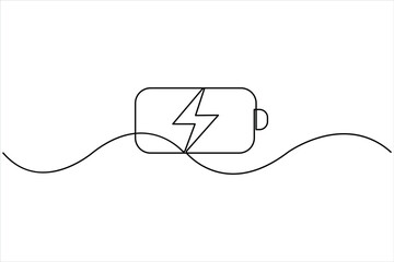 Obraz premium Continuous one line art drawing of battery with bolt sign design vector illustration