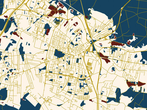City map of Zory, Poland &ndash; dark blue water and warm gold roads
